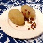 Lithuanian Cepelinai potato dumplings with pork meat